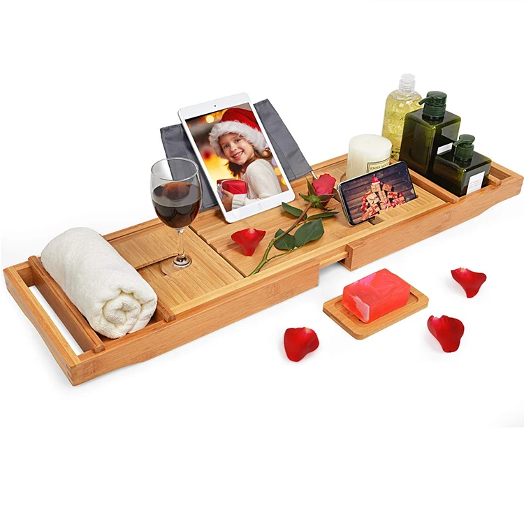 New Arrival Custom Bamboo Bath Caddy Wooden Bathroom Tray Bath Sets
New Arrival Custom Bamboo Bath Caddy Wooden Bathroom Tray Bath Sets