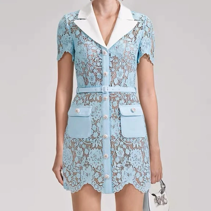 2023 new Women Lace Embroidery Flower Mini Dress Single Breasted Irregular Cut Pockets dress
2023 new Women Lace Embroidery Flower Mini Dress Single Breasted Irregular Cut Pockets dress
