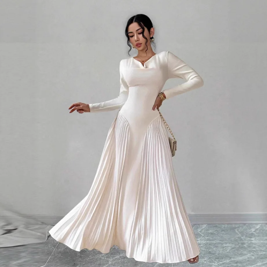 2026 New Elegant Women's Cowl Neck Long Sleeve Pleated Maxi Dress Solid Color High Waist Flowy Knitted Party Dresses
2026 New Elegant Women's Cowl Neck Long Sleeve Pleated Maxi Dress Solid Color High Waist Flowy Knitted Party Dresses