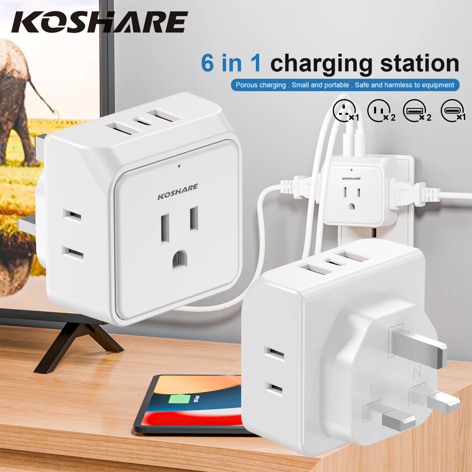 KOSHARE US to UK Plug Adapter Travel Plug Adapter, Ireland Scotland Dubai Power Adapter with 3 Outlets And 3 USB Ports
KOSHARE US to UK Plug Adapter Travel Plug Adapter, Ireland Scotland Dubai Power Adapter with 3 Outlets And 3 USB Ports