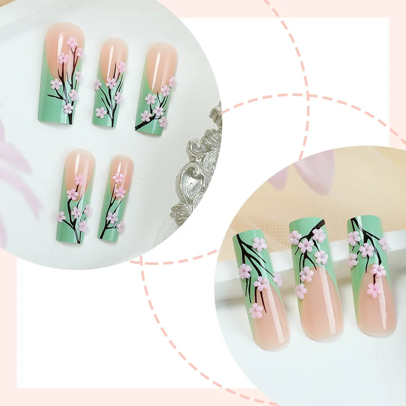 24pcs Glossy Long Coffin Fake Nails Green French Tip Press on Nails with Pink Flower Design Spring Summer False Nails for Party
24pcs Glossy Long Coffin Fake Nails Green French Tip Press on Nails with Pink Flower Design Spring Summer False Nails for Party