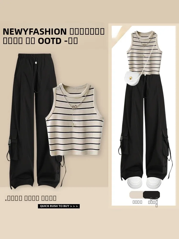 Модная полосатая верхняя одежда, майка и повседневная рабочая одежда с высокой талией, брюки, женский комплект, маленький размер, милый крутой Sle
Модная полосатая верхняя одежда, майка и повседневная рабочая одежда с высокой талией, брюки, женский комплект, маленький размер, милый крутой Sle