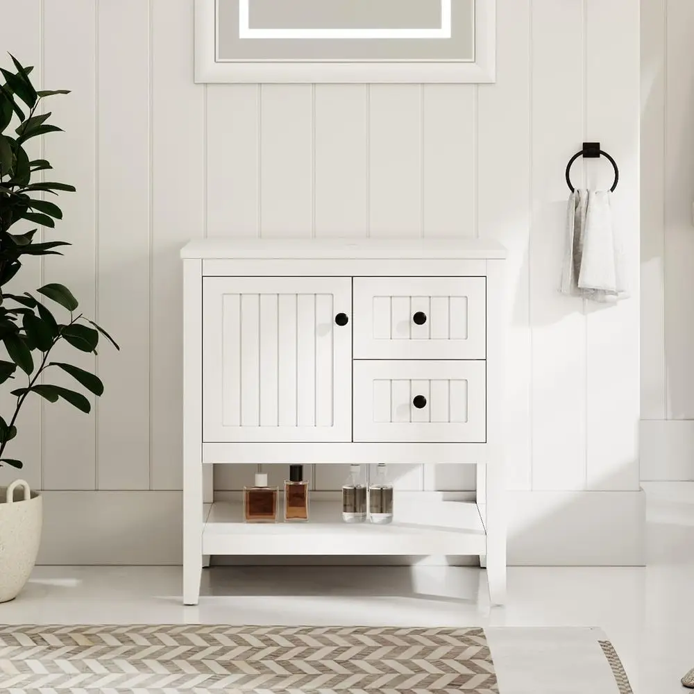 Тумба для ванной комнаты 30 дюймов с раковиной, отдельно стоящий шкаф с открытой полкой для хранения, раздвижными дверцами с плавным закрыванием и выдвижными ящиками, без V-образного профиля
Тумба для ванной комнаты 30 дюймов с раковиной, отдельно стоящий шкаф с открытой полкой для хранения, раздвижными дверцами с плавным закрыванием и выдвижными ящиками, без V-образного профиля