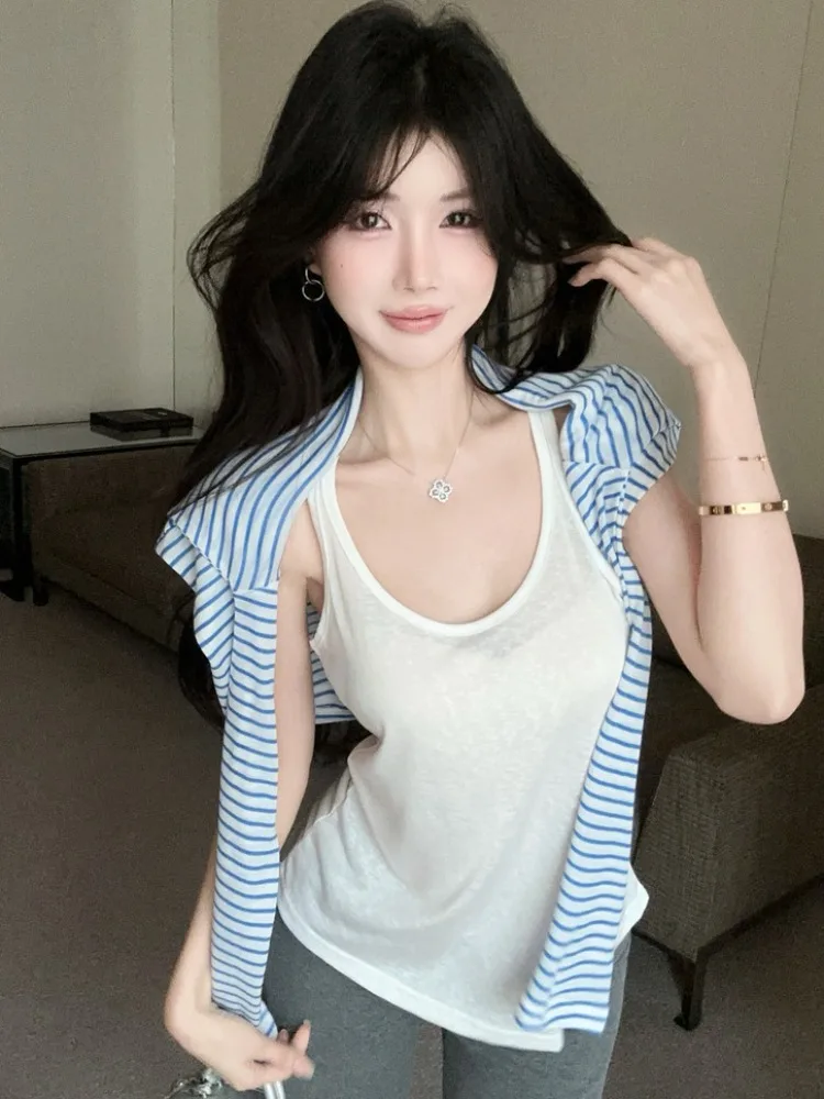Summer New Korean Design Work Number Vest Blue Stripes Sunscreen Shirt T-Shirt Top Fashion Two-Piece Set Women's Fashion
Summer New Korean Design Work Number Vest Blue Stripes Sunscreen Shirt T-Shirt Top Fashion Two-Piece Set Women's Fashion