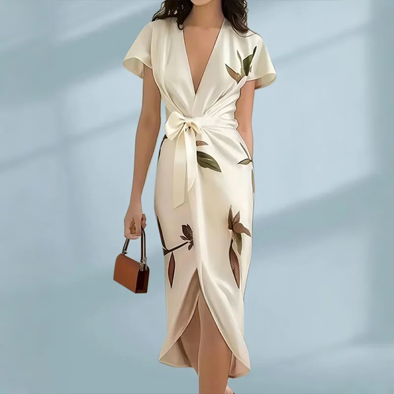 Women's Elegant V-Neck Leaf Printed Party Evening Midi Dresses Summer 2025 Short Sleeves Split-Joint Tied Waist Prom Gowns
Women's Elegant V-Neck Leaf Printed Party Evening Midi Dresses Summer 2025 Short Sleeves Split-Joint Tied Waist Prom Gowns