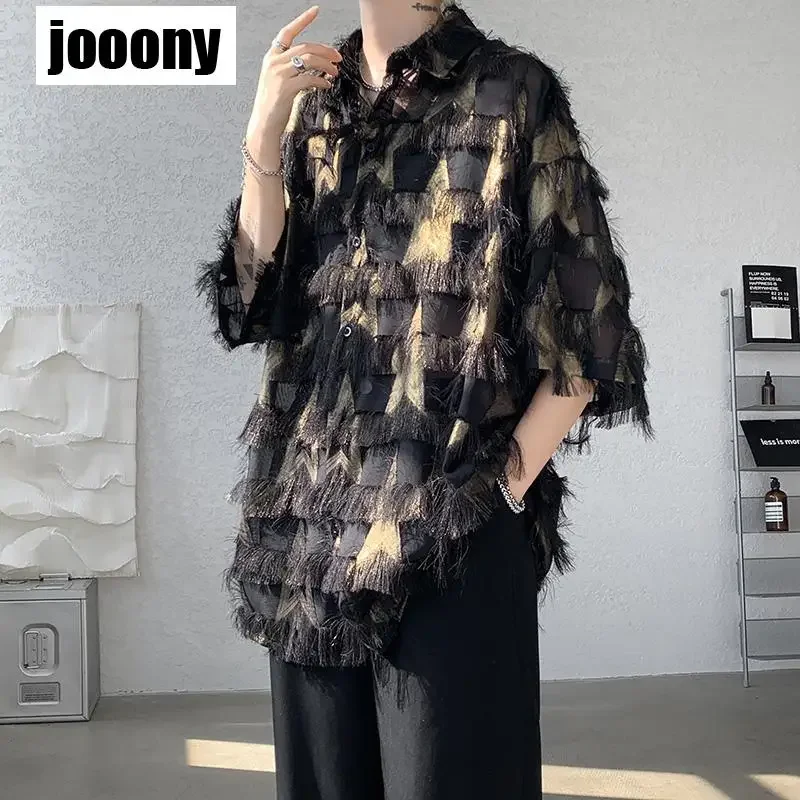 Men Streetwear Blouses 2024 New Personality Summer Tassel Splice See Through Couple Shirt Men Loose Casual Short Sleeve Shirts
Men Streetwear Blouses 2024 New Personality Summer Tassel Splice See Through Couple Shirt Men Loose Casual Short Sleeve Shirts
