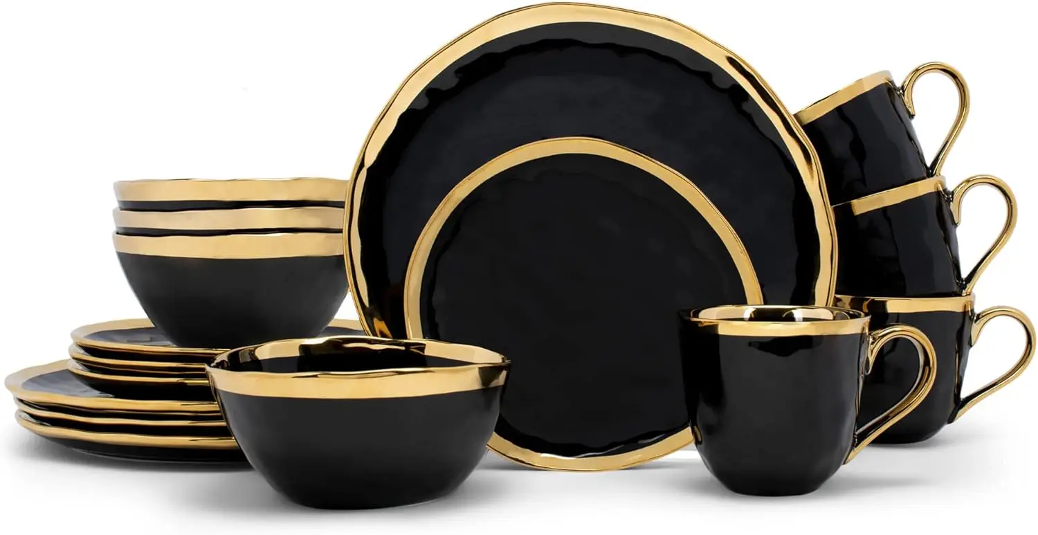 16-Piece Metallic Bubble Porcelain Ceramic Plates Bowls Mugs Dinnerware Set - Service for 4, Black With Gold Accents
16-Piece Metallic Bubble Porcelain Ceramic Plates Bowls Mugs Dinnerware Set - Service for 4, Black With Gold Accents