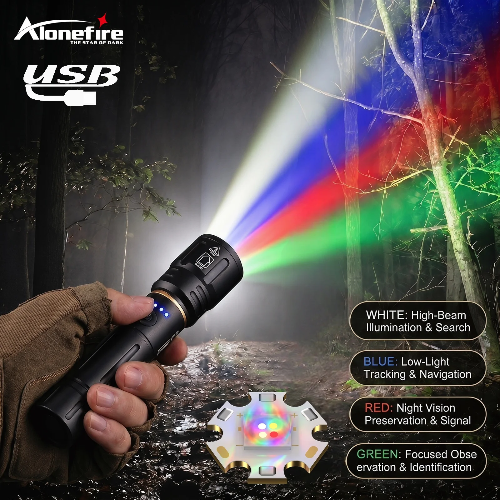X108 White/Green/Red/Blue 4 Color Light RGB Led Flashlight USB 3Modes Torch For Outdoor Camping Adventure Night Observation
X108 White/Green/Red/Blue 4 Color Light RGB Led Flashlight USB 3Modes Torch For Outdoor Camping Adventure Night Observation