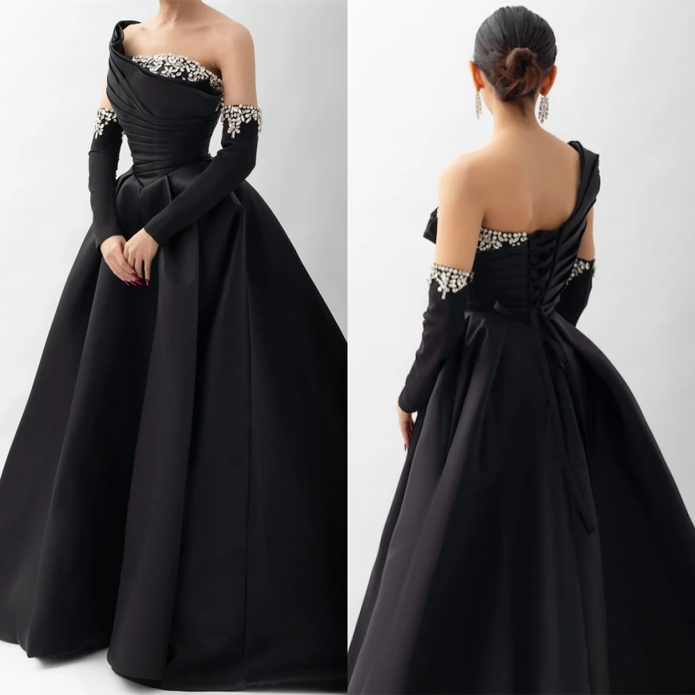 Customized Elegant Black Satin Evening Dress Classic One Shoulder Sleeveless Celebrity Gown Soft Lace Up Back Crystal Prom Dress
Customized Elegant Black Satin Evening Dress Classic One Shoulder Sleeveless Celebrity Gown Soft Lace Up Back Crystal Prom Dress