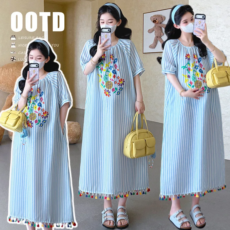 Maternity Dress Summer 2026 Blue Striped Flower Print Colorful Tassel Puff Sleeve Long Dress for Pregnant Women Vacation Loose
Maternity Dress Summer 2026 Blue Striped Flower Print Colorful Tassel Puff Sleeve Long Dress for Pregnant Women Vacation Loose