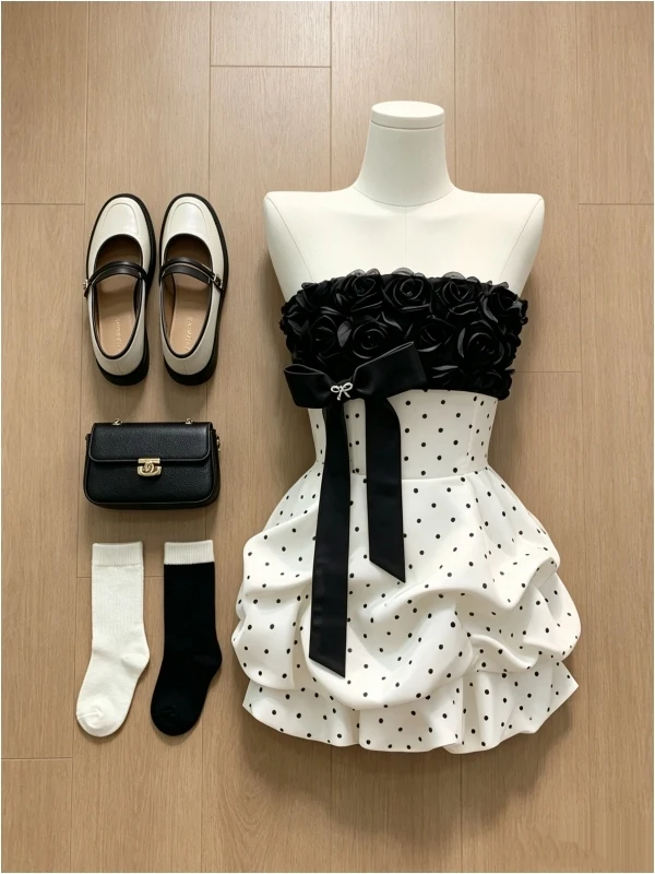 French Style Polka Dot 3D Rose Flower Bustier Puffy Skirt Women's Summer Beautiful Dress Young Girls' Standard Fit Casual Wear
French Style Polka Dot 3D Rose Flower Bustier Puffy Skirt Women's Summer Beautiful Dress Young Girls' Standard Fit Casual Wear