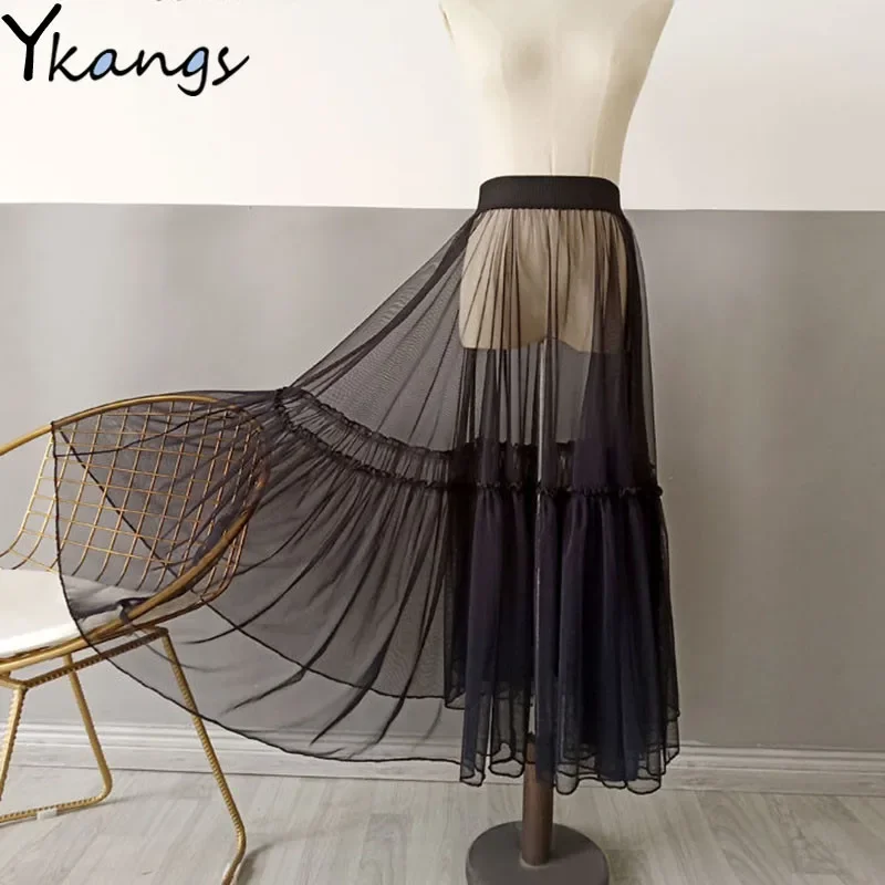 2020 Women Sexy Mesh Transparent Long Tulle Skirt Korean Fashion Summer Ladies Elastic High Waist Black White Beach Midi Skirt
2020 Women Sexy Mesh Transparent Long Tulle Skirt Korean Fashion Summer Ladies Elastic High Waist Black White Beach Midi Skirt