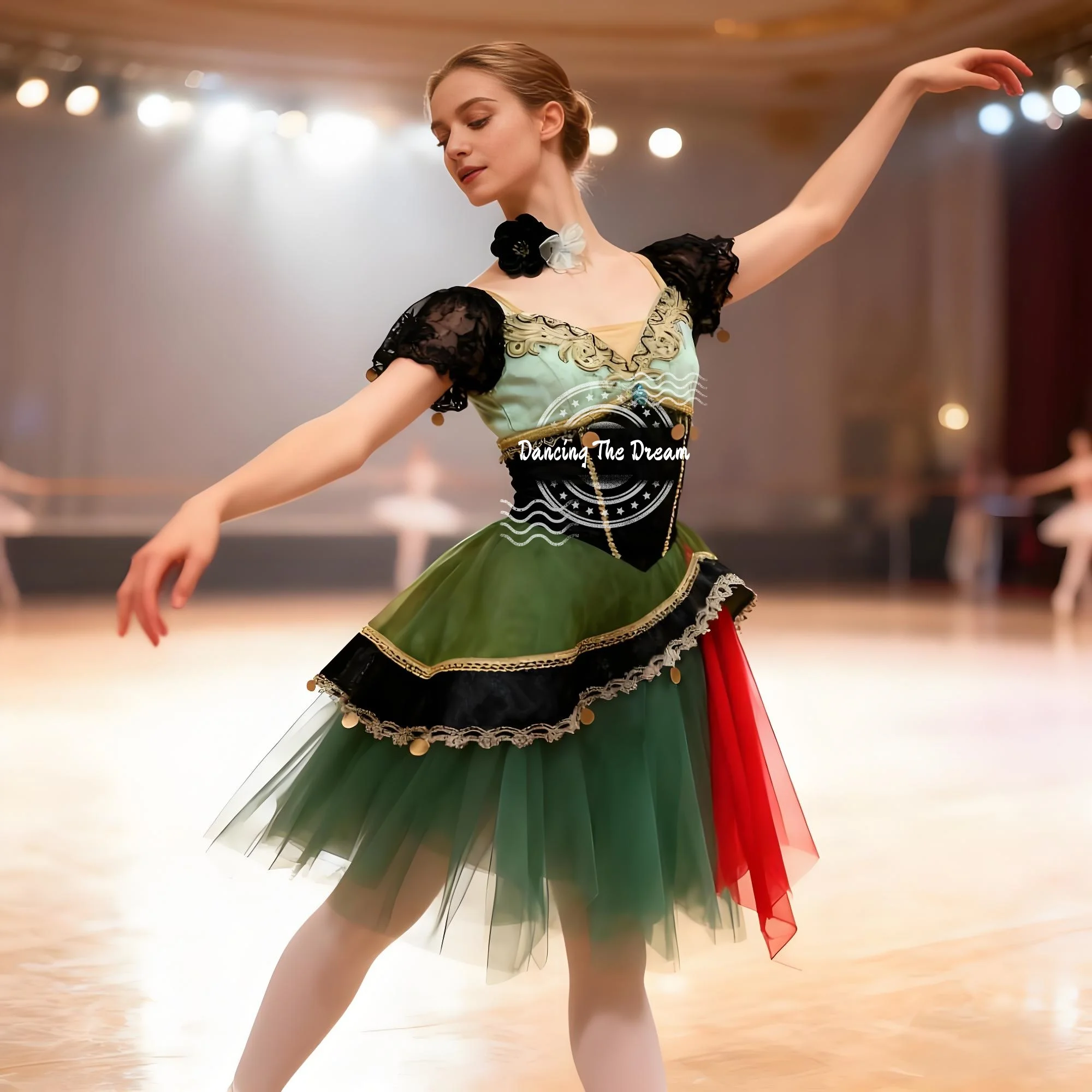 Exquisite Green - Black Lace - Trimmed Ballet Tutu with Gold Embellishments
Exquisite Green - Black Lace - Trimmed Ballet Tutu with Gold Embellishments