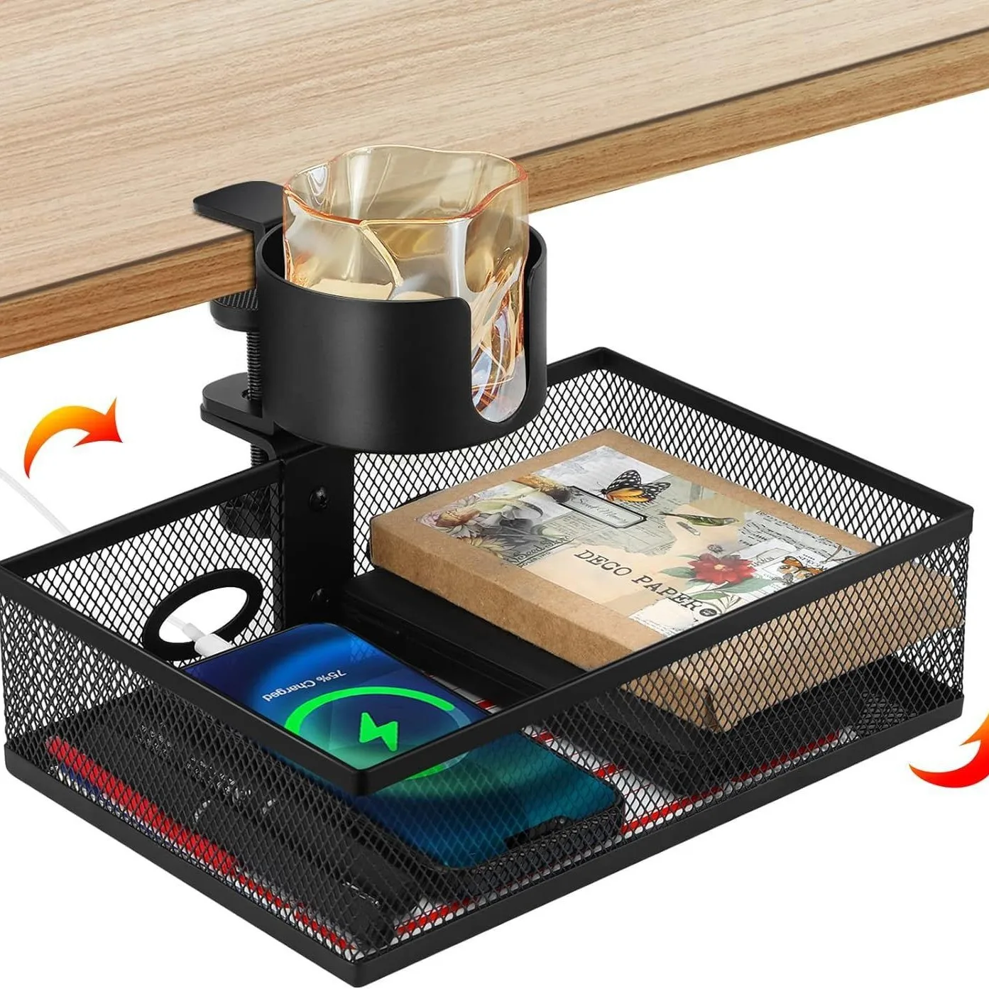 1pc Mesh Desk Organizer with Clamp-on Swivel Pencil Drawer, having a hidden, sturdy C-Clamp mount system and easy installation.
1pc Mesh Desk Organizer with Clamp-on Swivel Pencil Drawer, having a hidden, sturdy C-Clamp mount system and easy installation.