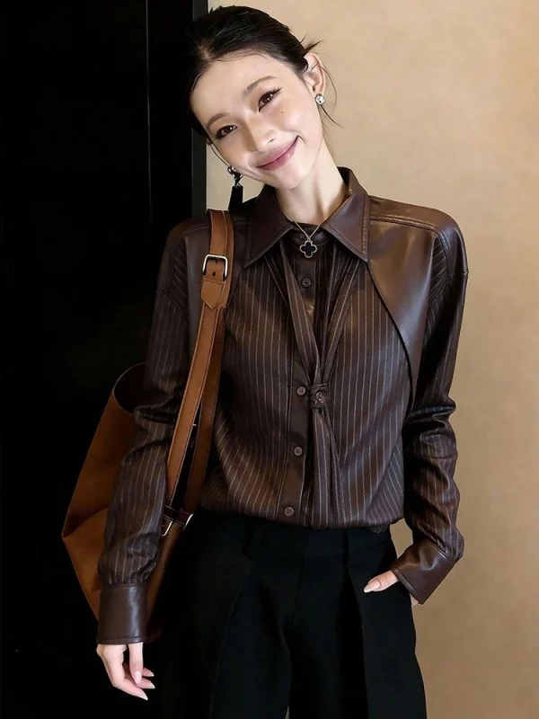 Retro Sle Women's Long Sve Striped Leather Surface Loose irt Spring Faionable Top Collar Ele Casual Blouse
Retro Sle Women's Long Sve Striped Leather Surface Loose irt Spring Faionable Top Collar Ele Casual Blouse