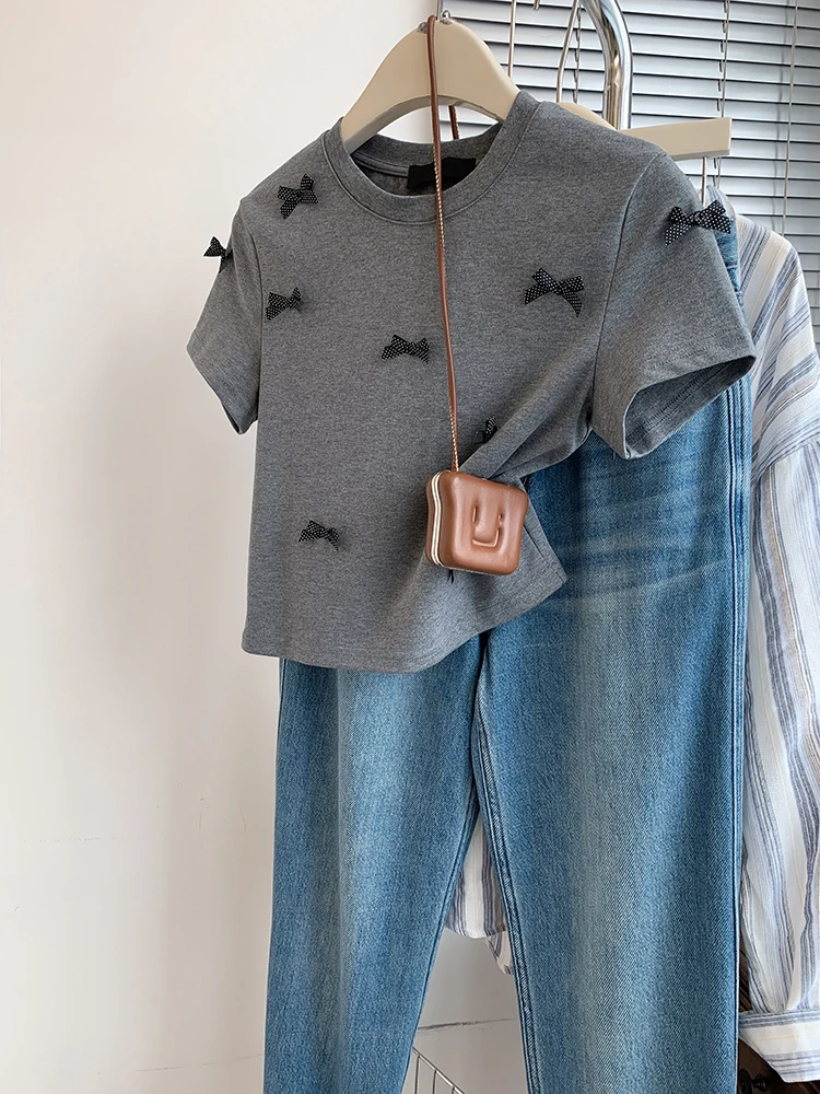 Bow Short Sleeve T-shirts Y2k Round Neck Crop Top Summer New Harajuku Retro T-Shirt Casual Pullover Elegant Slim Tops
Bow Short Sleeve T-shirts Y2k Round Neck Crop Top Summer New Harajuku Retro T-Shirt Casual Pullover Elegant Slim Tops
