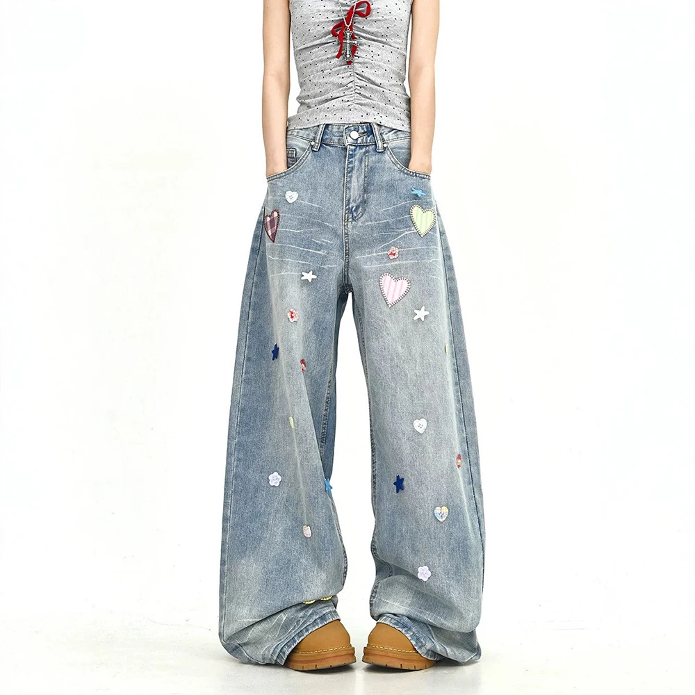 Women High Waist Wide Leg Jeans Trendy Love Heart Applique Straight Loose Denim Pants BF American Style Casual Pants 2026 New
Women High Waist Wide Leg Jeans Trendy Love Heart Applique Straight Loose Denim Pants BF American Style Casual Pants 2026 New