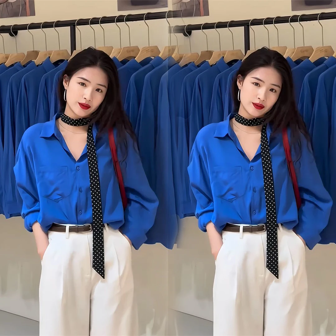 Spring 2026 Korean Sle Blue Long Sve irt Women's Faion Agel Design Casual Versatile Polyester Blend Button up
Spring 2026 Korean Sle Blue Long Sve irt Women's Faion Agel Design Casual Versatile Polyester Blend Button up