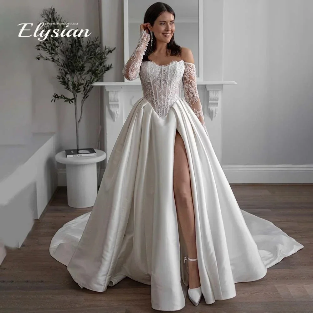 Customized Vintage Wedding Dress With Lace Robe Satin Full Sleeve Strapless Slit A Line Vestidos De Novia
Customized Vintage Wedding Dress With Lace Robe Satin Full Sleeve Strapless Slit A Line Vestidos De Novia