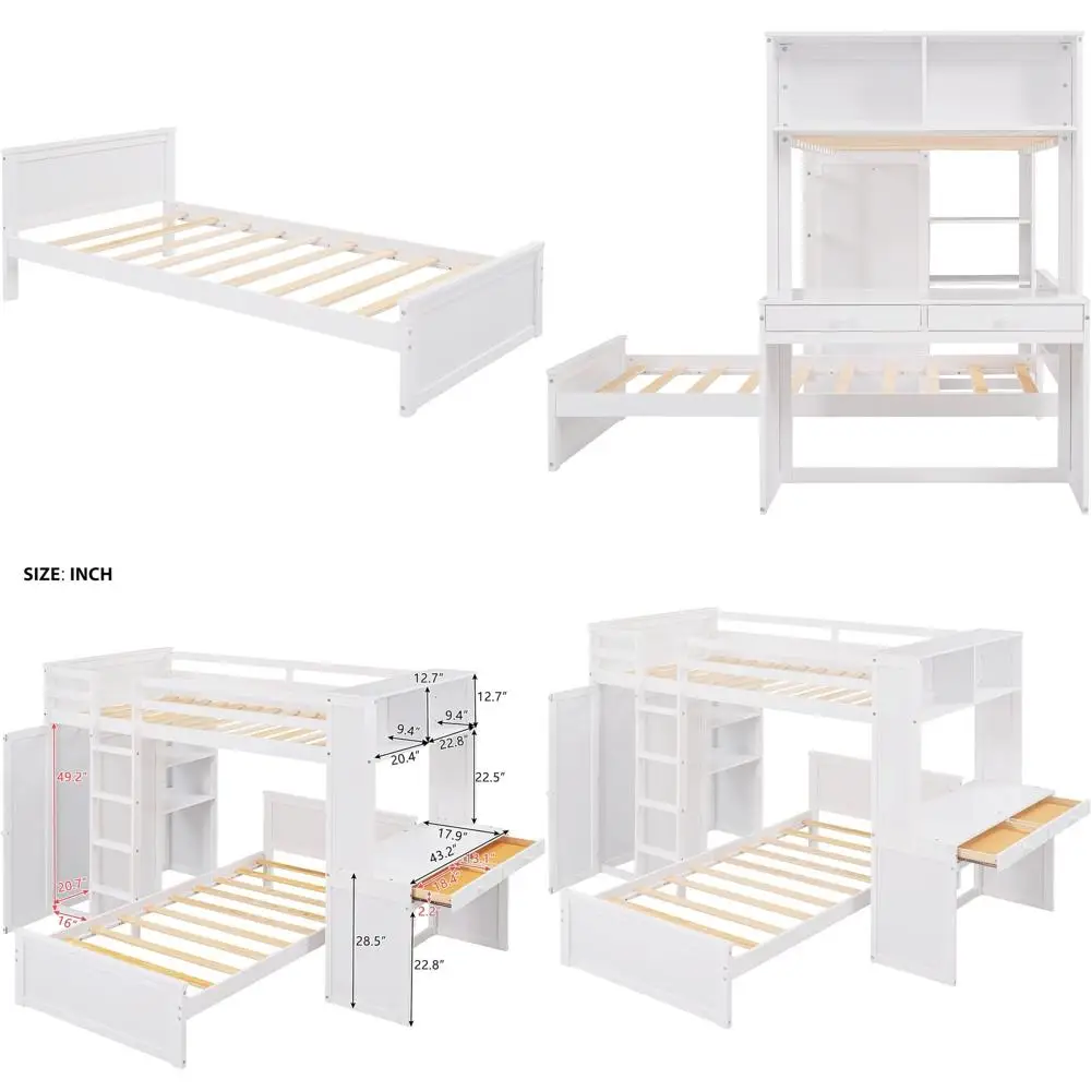 Белая двухъярусная кровать-трансформер с письменным столом, шкафом, выдвижными ящиками для хранения и книжным шкафом для детей и подростков
Белая двухъярусная кровать-трансформер с письменным столом, шкафом, выдвижными ящиками для хранения и книжным шкафом для детей и подростков