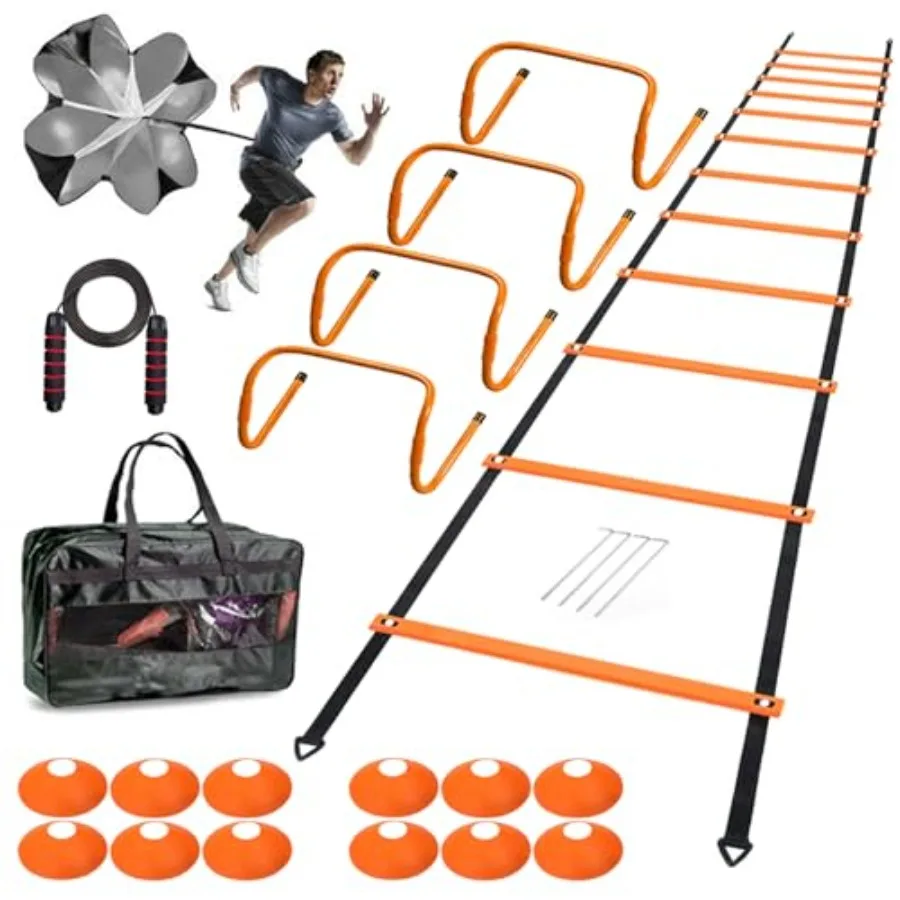 Agility Ladder Set 20Feet 4 Hurdles 12 Soccer Cones Jump Rope and Running Parachute - Speed Agility Training Equipment for Socc
Agility Ladder Set 20Feet 4 Hurdles 12 Soccer Cones Jump Rope and Running Parachute - Speed Agility Training Equipment for Socc