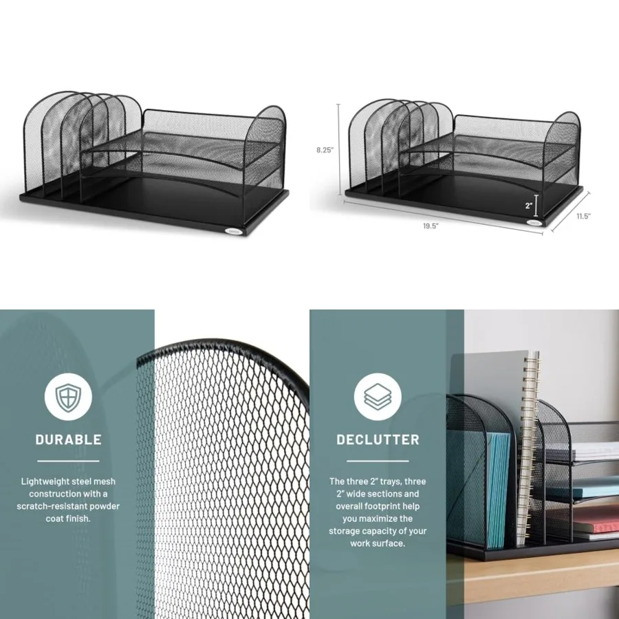 Onyx Desk Organizer, 3 Vertical Compartments and 3 Trays, Office and Classroom Mailbox, Paper and Mail Sorter, Steel Mesh
Onyx Desk Organizer, 3 Vertical Compartments and 3 Trays, Office and Classroom Mailbox, Paper and Mail Sorter, Steel Mesh