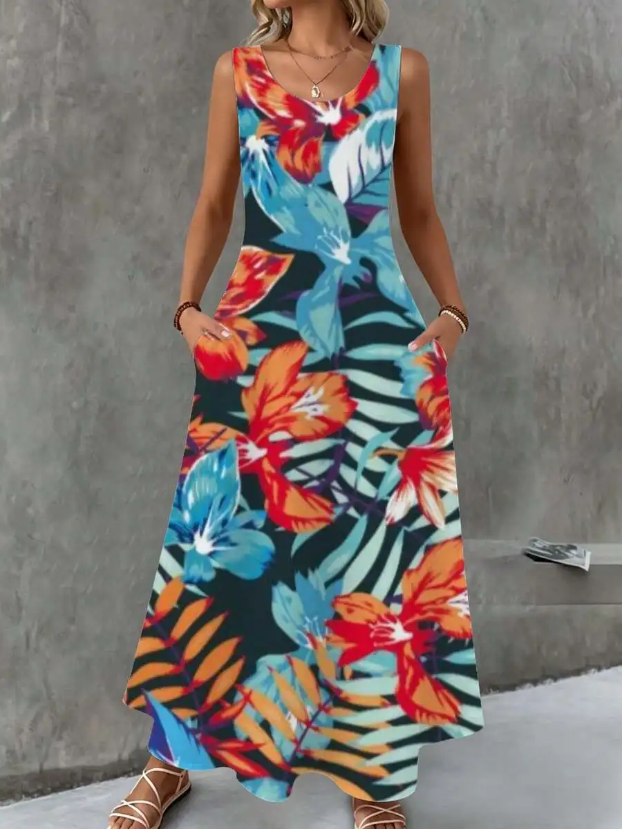 Floral Maxi Dress Blue Orange Tropical Print Summer Beach Vacation Wear
Floral Maxi Dress Blue Orange Tropical Print Summer Beach Vacation Wear