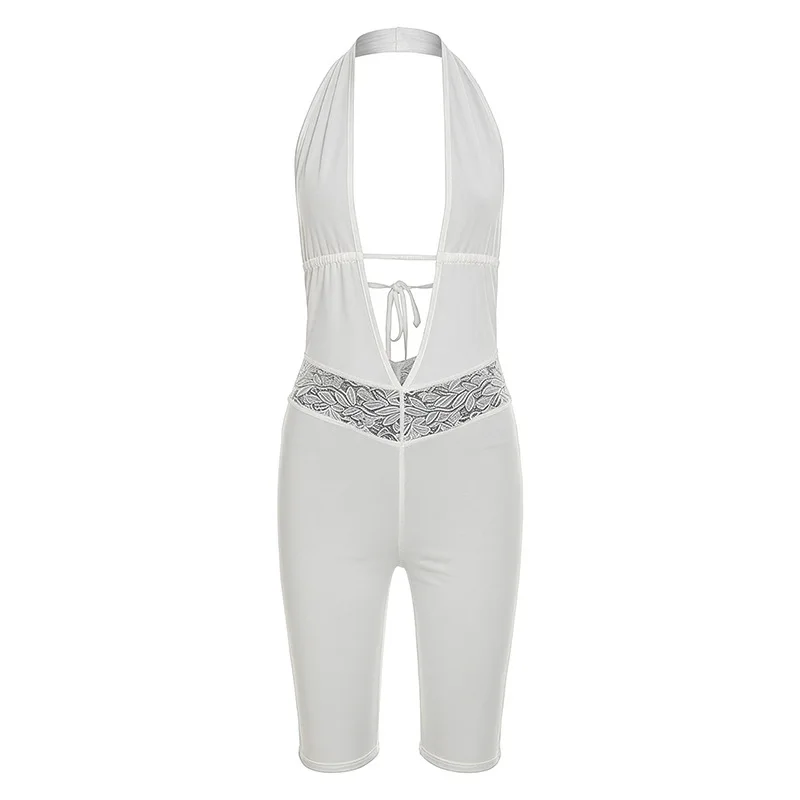 European and American women's hanging neck backless lace up deep V-neck patchwork lace jumpsuit
European and American women's hanging neck backless lace up deep V-neck patchwork lace jumpsuit