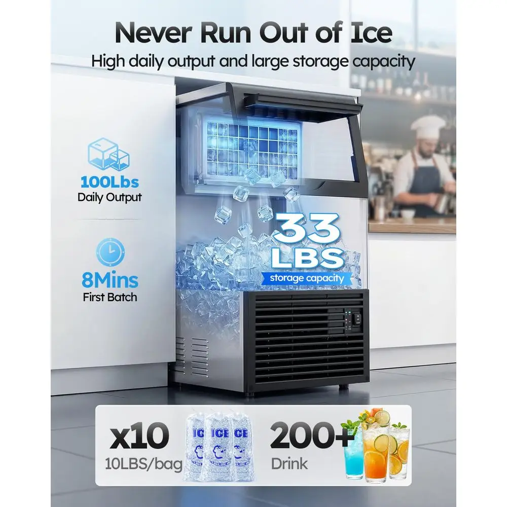 Commercial Ice Maker Machine, 100lbs 24H with 33lbs Ice Storage Under Counter Ice Machine, Stainless Steel Builtin Freestanding
Commercial Ice Maker Machine, 100lbs 24H with 33lbs Ice Storage Under Counter Ice Machine, Stainless Steel Builtin Freestanding