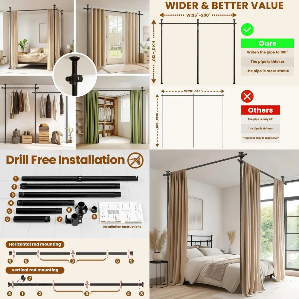 Adjustable No-Drill Room Divider Curtain Rod, 72-200 Wide x 43-120 High, Black
Adjustable No-Drill Room Divider Curtain Rod, 72-200 Wide x 43-120 High, Black