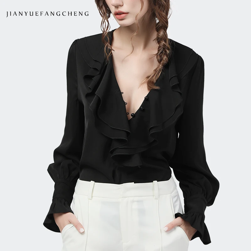 Sexy Deep V-Neck Ruffles Blouse Women Spring Summer Flare Sleeve Solid Color Loose Plus Size Elegant Casual Shirt Tops
Sexy Deep V-Neck Ruffles Blouse Women Spring Summer Flare Sleeve Solid Color Loose Plus Size Elegant Casual Shirt Tops
