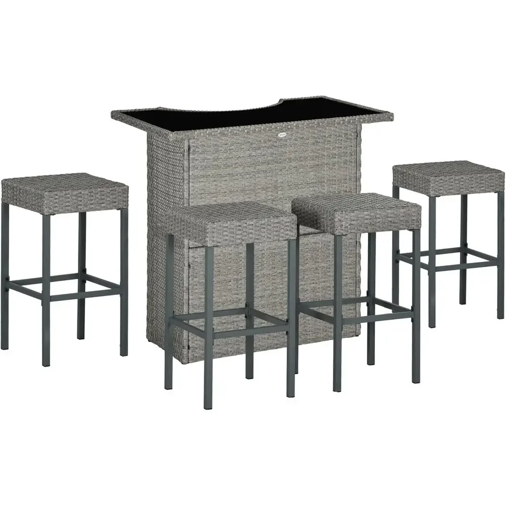 Gray High-Top Outdoor Bar Set with Glass Table and 4 Stools for Patio or Poolside
Gray High-Top Outdoor Bar Set with Glass Table and 4 Stools for Patio or Poolside