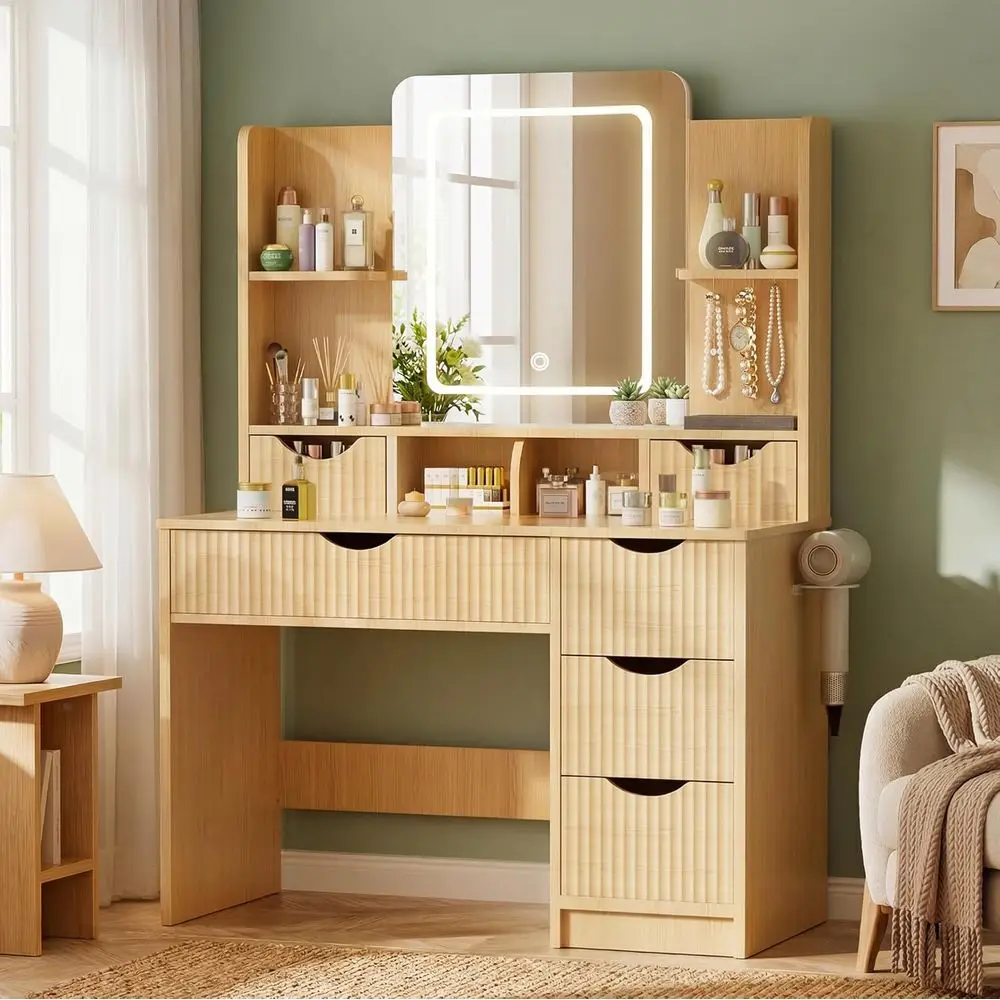 Vanity Desk with Mirror and Lights, Makeup Vanity Table with Large 6 Drawers Modern Fluted Wooden Dressing Table with Jewelry Ho
Vanity Desk with Mirror and Lights, Makeup Vanity Table with Large 6 Drawers Modern Fluted Wooden Dressing Table with Jewelry Ho