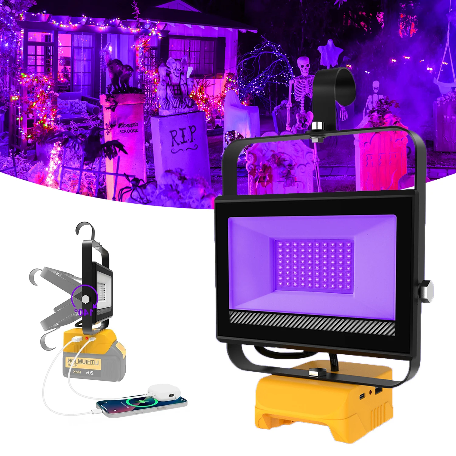 Portable Black Lights for DeWalt 20V Battery 60W 395nm Ultraviolet Flood Lights Glow Party Catfishing Halloween UV LED Light
Portable Black Lights for DeWalt 20V Battery 60W 395nm Ultraviolet Flood Lights Glow Party Catfishing Halloween UV LED Light