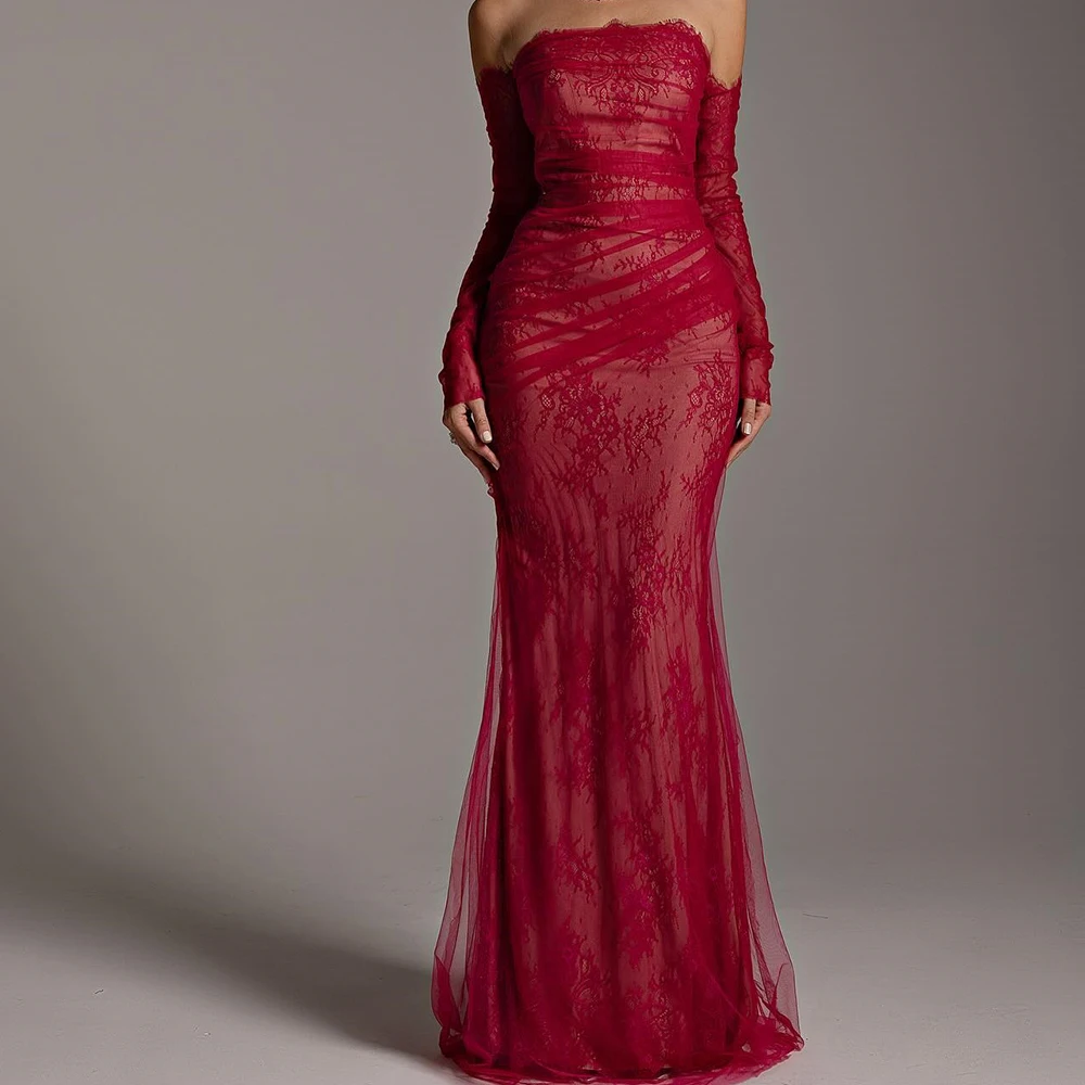 Customized Classic Strapless Off the Shoulder Long Sleeves Lace Pleats Party Gown Temperament Mermaid Burgundy Evening Dress
Customized Classic Strapless Off the Shoulder Long Sleeves Lace Pleats Party Gown Temperament Mermaid Burgundy Evening Dress