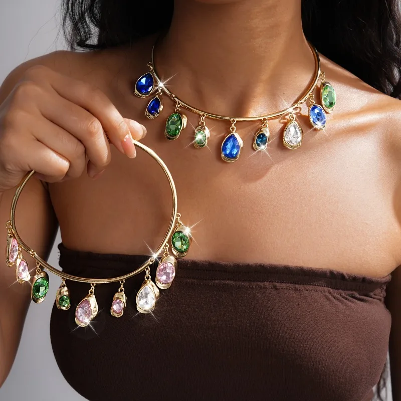 Trendy Sparkling Necklace Colorful Gem Choker, Rigid Collar Necklace Tassels Choker Neck Accessories Teardrop Crystal Pendant
Trendy Sparkling Necklace Colorful Gem Choker, Rigid Collar Necklace Tassels Choker Neck Accessories Teardrop Crystal Pendant