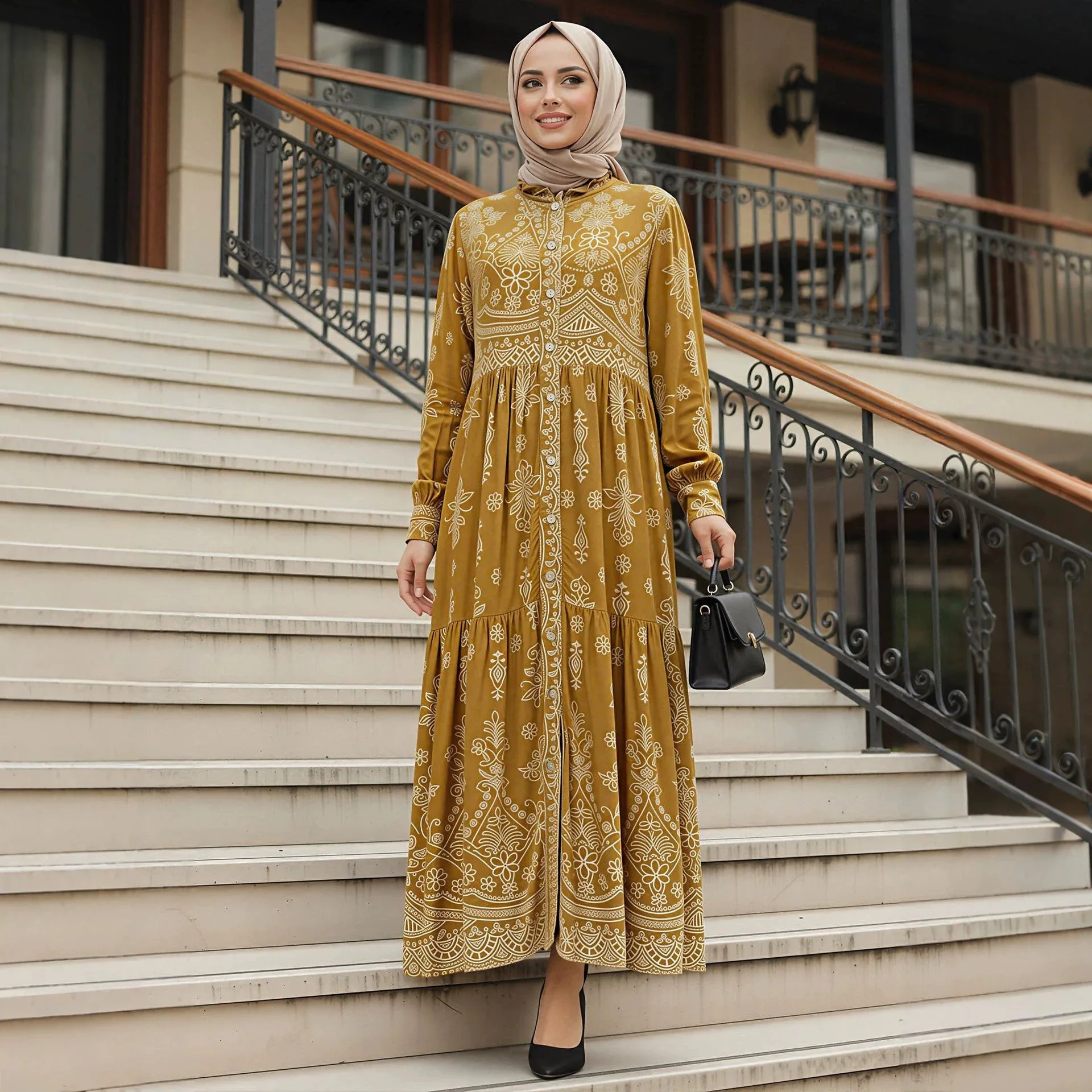New Ramadan Muslim Islamic women's long dress with black fungus edge stand collar print, loose waistband, Arab Dubai dress
New Ramadan Muslim Islamic women's long dress with black fungus edge stand collar print, loose waistband, Arab Dubai dress