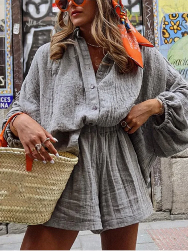 Loose Short Sets For Women 2025 Summer Solid Color Shirts Short Sleeve 2 Piece Sets Outfit Vintage Female Suits Shorts Set Cloth
Loose Short Sets For Women 2025 Summer Solid Color Shirts Short Sleeve 2 Piece Sets Outfit Vintage Female Suits Shorts Set Cloth