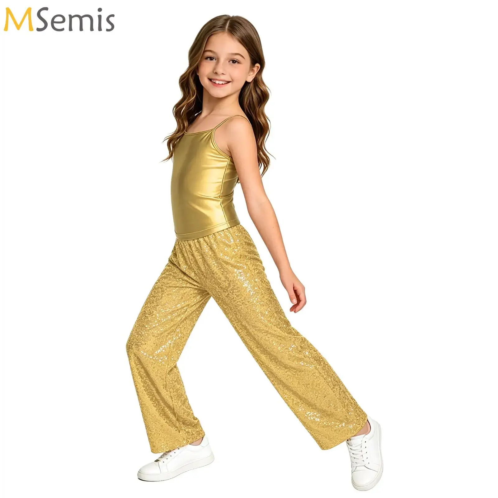 Kids Girl Jazz Hip-Hop Dance Cheerleading Performance Outfit Set Metallic Camisole Crop Top+Shiny Sequins Pants 2-piece Suits
Kids Girl Jazz Hip-Hop Dance Cheerleading Performance Outfit Set Metallic Camisole Crop Top+Shiny Sequins Pants 2-piece Suits
