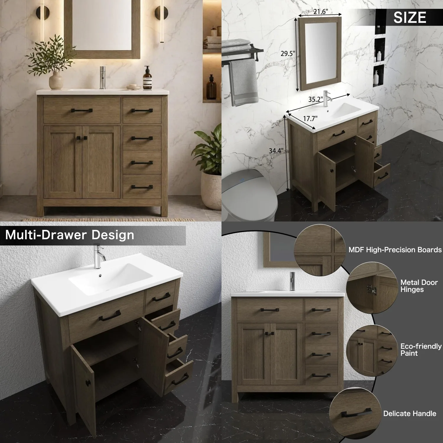 36in Bathroom Vanity with Ceramic Basin Modern Brown Storage Cabinet Soft Closing Drawers Chrome Faucet Combo, Customized
36in Bathroom Vanity with Ceramic Basin Modern Brown Storage Cabinet Soft Closing Drawers Chrome Faucet Combo, Customized