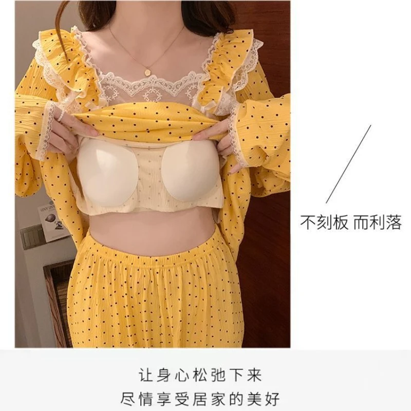 M-5XL Осенний пижамный комплект больших размеров, женская одежда для сна в стиле принцессы, бюстгальтер со встроенной подкладкой, можно носить снаружи, брюки с длинными рукавами, пижамы
M-5XL Осенний пижамный комплект больших размеров, женская одежда для сна в стиле принцессы, бюстгальтер со встроенной подкладкой, можно носить снаружи, брюки с длинными рукавами, пижамы