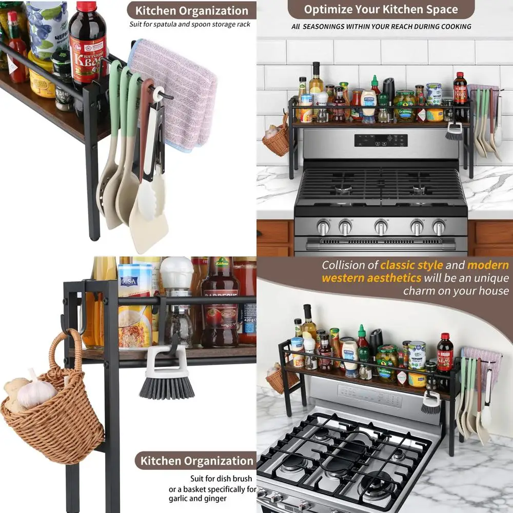 Деревенская деревянная и металлическая полка для плиты с крючками для кухни, организация приправ и добавления при столешнице
Деревенская деревянная и металлическая полка для плиты с крючками для кухни, организация приправ и добавления при столешнице