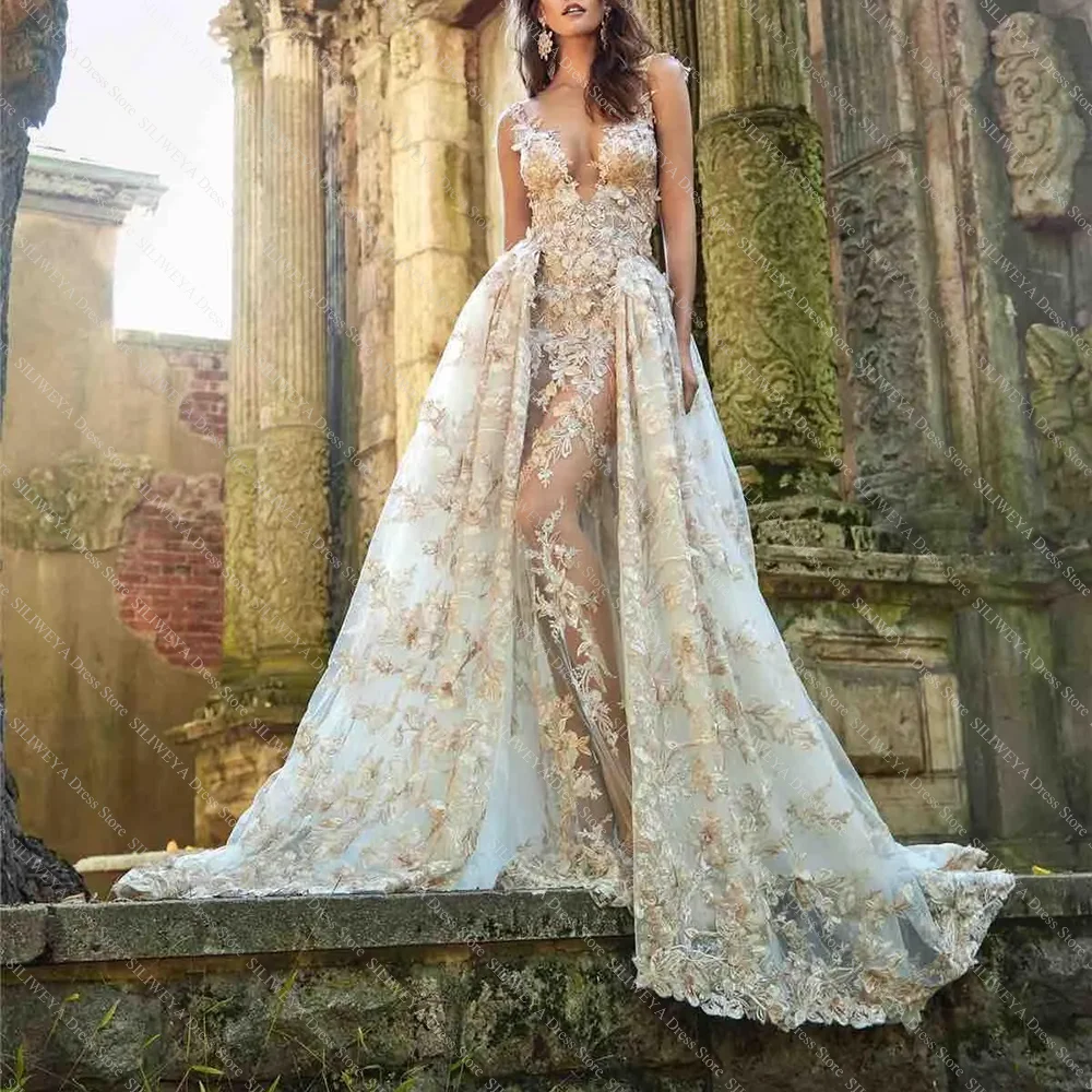 Chic Evening Dresses With Detachable Train Newest Sexy See Through Backless Deep V-Neck Lace Appliques Gowns vestidos de novia
Chic Evening Dresses With Detachable Train Newest Sexy See Through Backless Deep V-Neck Lace Appliques Gowns vestidos de novia