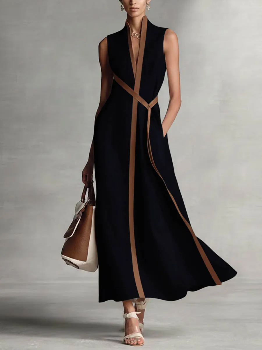 Retro Contrast Color Dress Simple Loose Elegant Fashionable Solid Color Stand-up Collar Sleeveless Loose Waist Belt Long Dresses
Retro Contrast Color Dress Simple Loose Elegant Fashionable Solid Color Stand-up Collar Sleeveless Loose Waist Belt Long Dresses