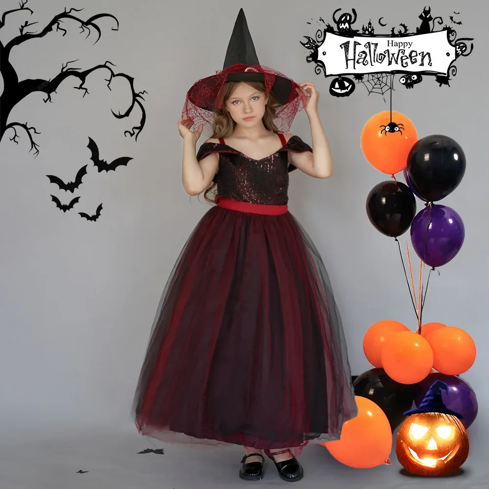 Girls Dark Red Sequins Long Dress for Girl Halloween Black Witch Cosplay Costumes Children Evening Party Mesh Dress Performance
Girls Dark Red Sequins Long Dress for Girl Halloween Black Witch Cosplay Costumes Children Evening Party Mesh Dress Performance
