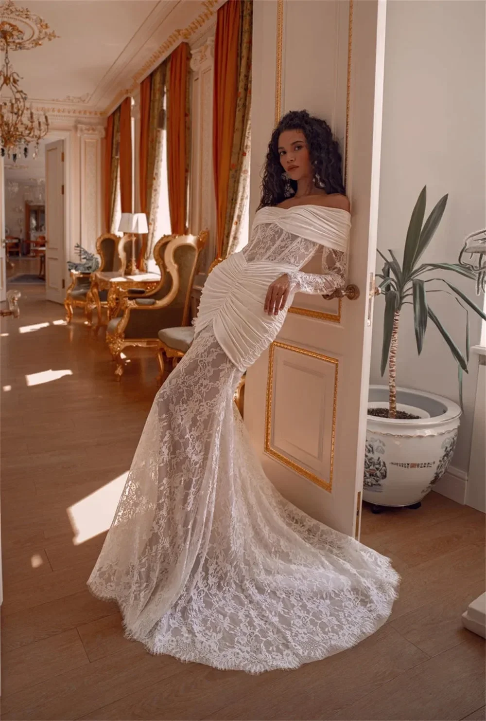 Classic Mermaid Wedding Dresses Bride Off Shoulder Lace Long Sleeves Pleats Bridal Party Gowns Cвадебное платье Customized
Classic Mermaid Wedding Dresses Bride Off Shoulder Lace Long Sleeves Pleats Bridal Party Gowns Cвадебное платье Customized