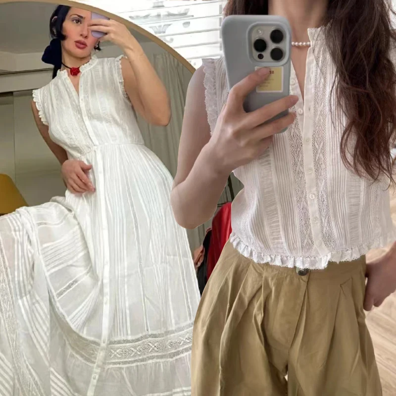 Doe Lace Accented Stand Collar Svel Single Button Dr Women's Faion Spring Summer White Cotton Loose Fit irt
Doe Lace Accented Stand Collar Svel Single Button Dr Women's Faion Spring Summer White Cotton Loose Fit irt