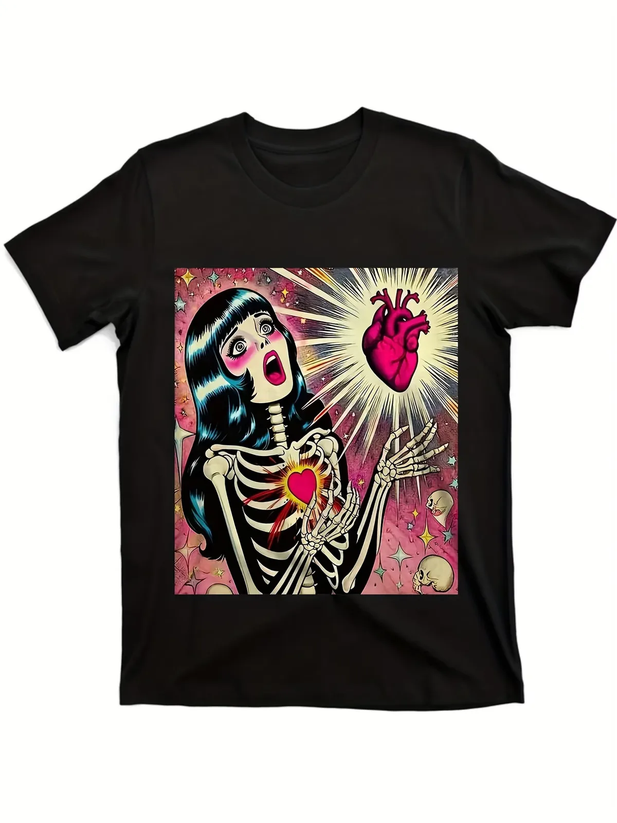 Men'S Vintage Pop Art Skeleton T-Shirt with Heart & Stars Design - Black Cotton
Men'S Vintage Pop Art Skeleton T-Shirt with Heart & Stars Design - Black Cotton