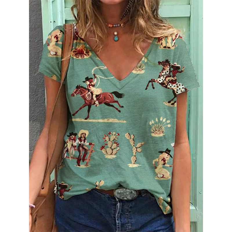 Women's T-Shirt Blouse Graphic Bohemia Vintage Horse Print Western Short Sleeve V-Neck Regular Tops Daily Print Woman Clothing
Women's T-Shirt Blouse Graphic Bohemia Vintage Horse Print Western Short Sleeve V-Neck Regular Tops Daily Print Woman Clothing