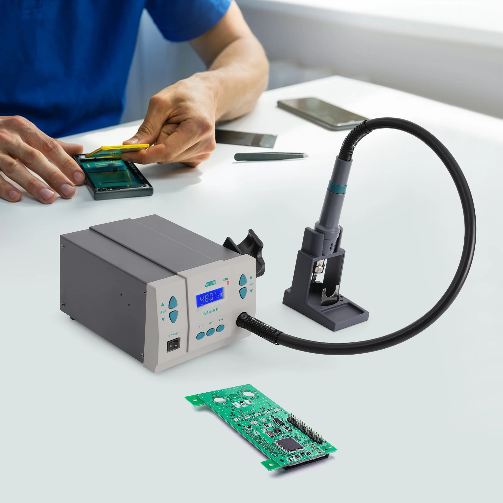 Digital Hot Air Rework Station with LCD Display 1000W Electric Soldering Tool 110V for Cellphone/laptop/Radio/Automobile PCB Repair
Digital Hot Air Rework Station with LCD Display 1000W Electric Soldering Tool 110V for Cellphone/laptop/Radio/Automobile PCB Repair